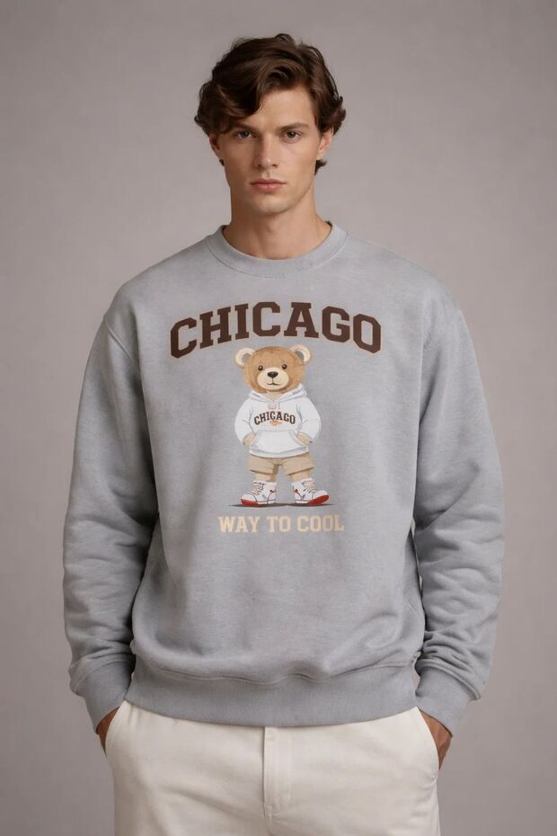 Men's Chicago Teddy Bear Printed Gray Sweatshirt