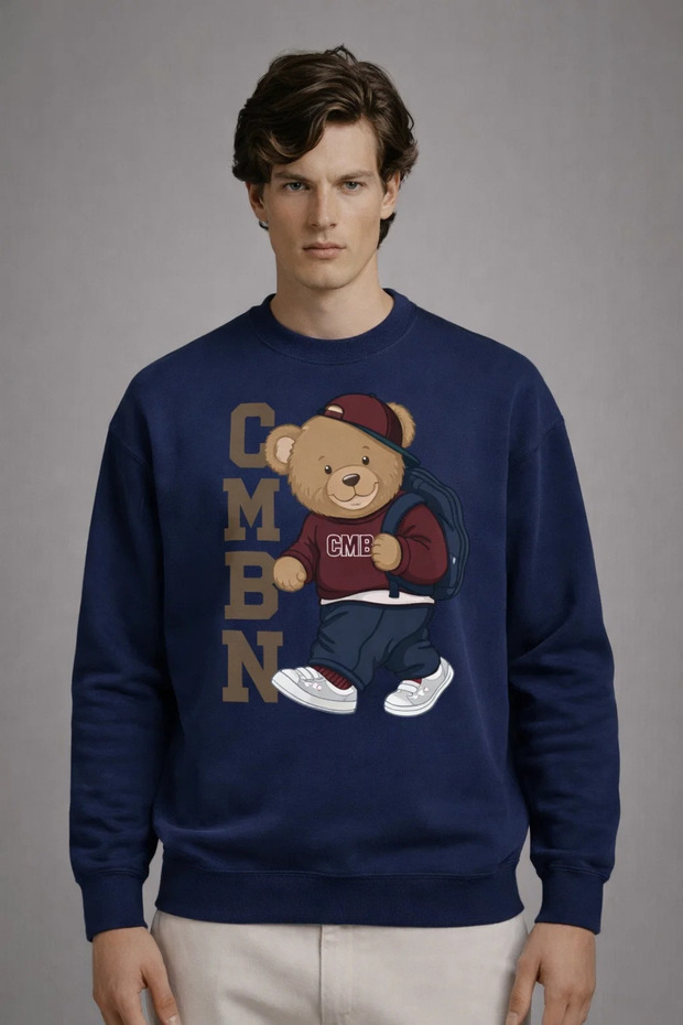 Men's Cmbn Teddy Bear Print Navy Blue Sweatshirt