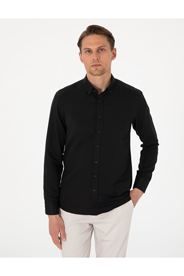 Black Oxford Slim Fit Easy-Iron Shirt 50306996 -Vr046