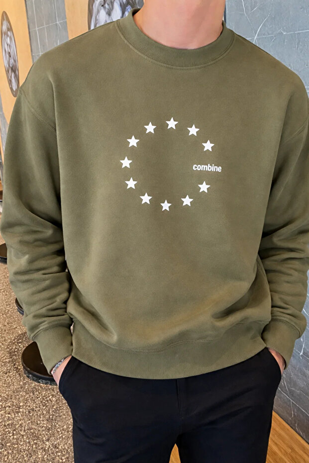 Star Printed Relaxed Fit Men's Khaki Sweatshirt
