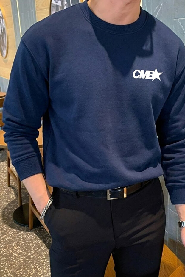 Men's Cmb Text Print Loose Fit Navy Blue Sweatshirt
