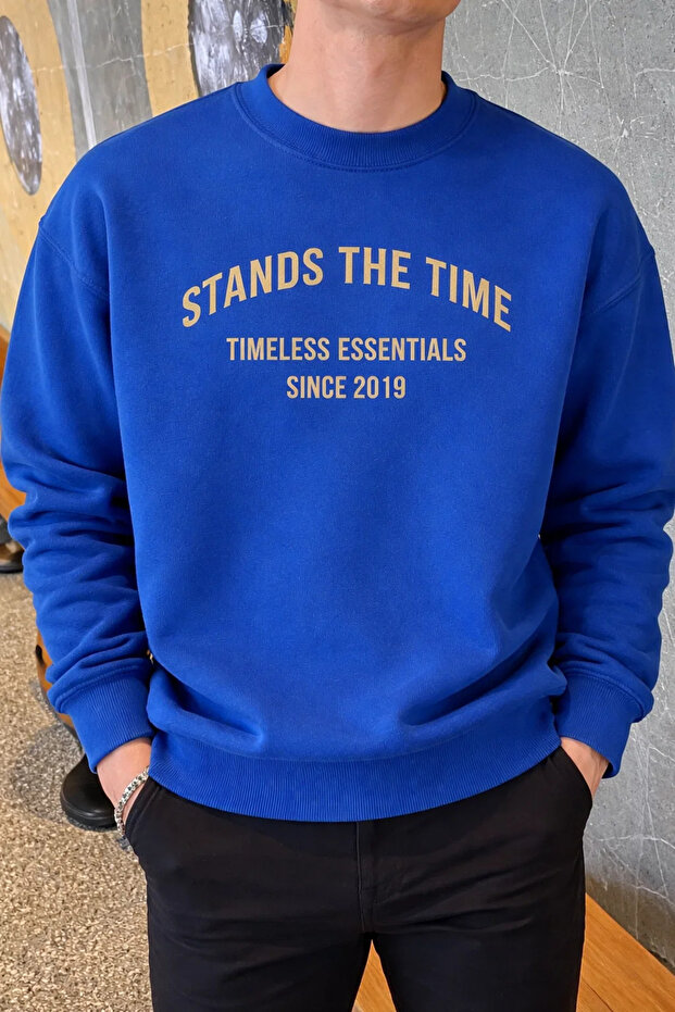 Men's Stands the Time Printed Oversize Crew Neck Blue Sweatshirt