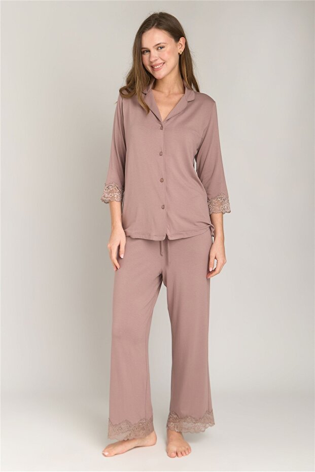 Sophia Knitted 3/4 Sleeve Shirt and Pants Set Pajama Set - Brown