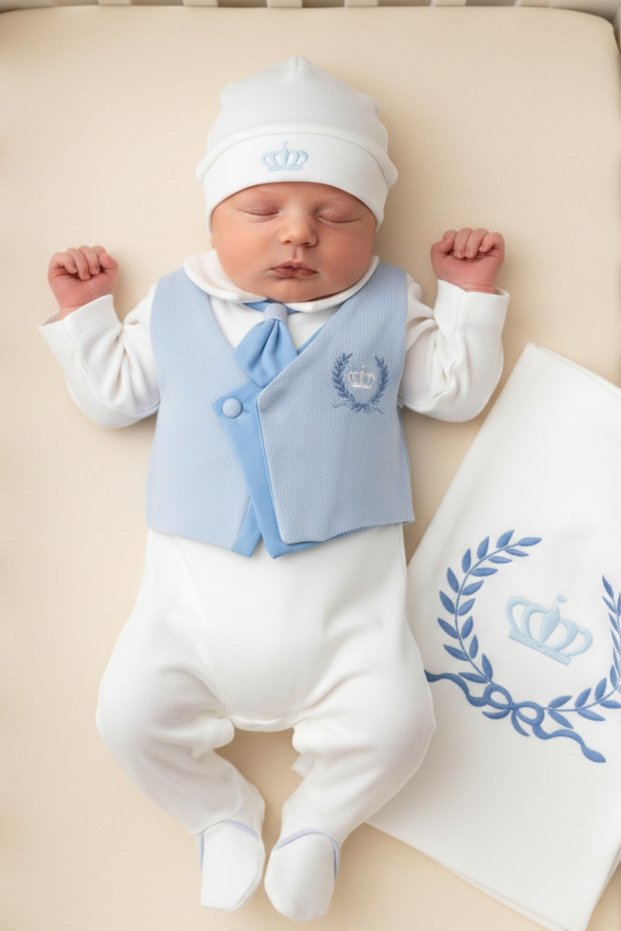 100% Cotton Baby Boy 3-Piece Hospital Discharge Set – Hat, Overalls and Blanket – Blue Vest
