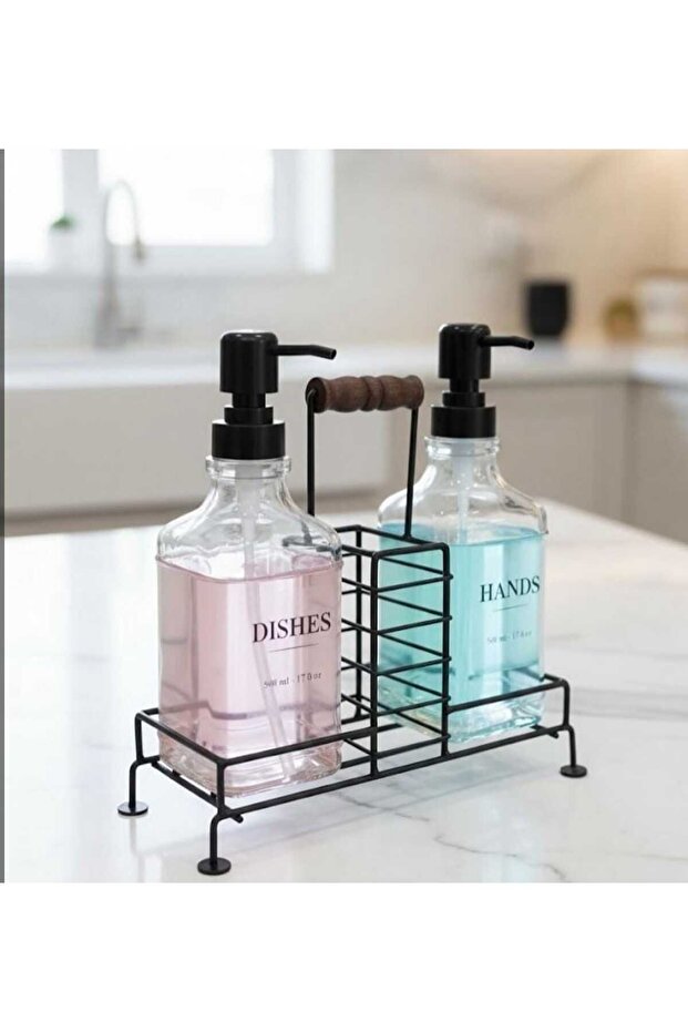 Liquid Soap Dispenser 2 Li Glass Soap Dispenser with Metal Stand and Wooden Handle