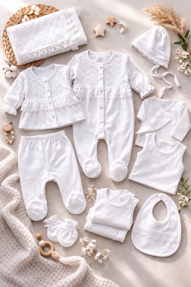 Newborn Baby Girl 10 Piece Lux Hospital Release Blanket with Fringe Detail (100% Cotton Fabric)