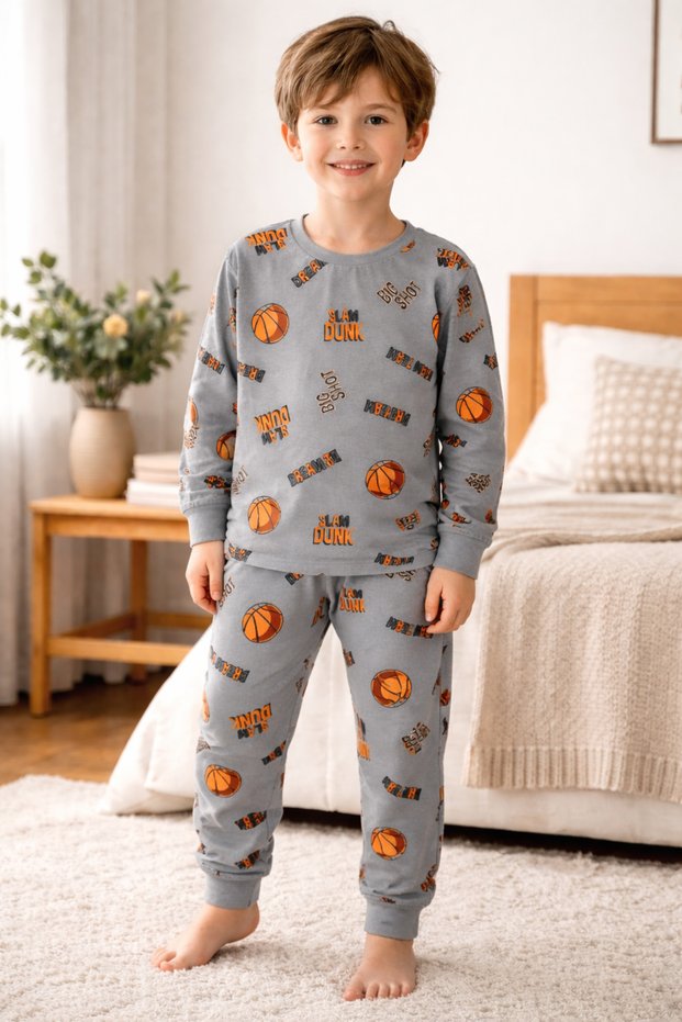 Boys' Pajama Set Basketball Patterned Gray Color 100% Cotton Single Jersey Fabric Crew Neck Long Sleeves
