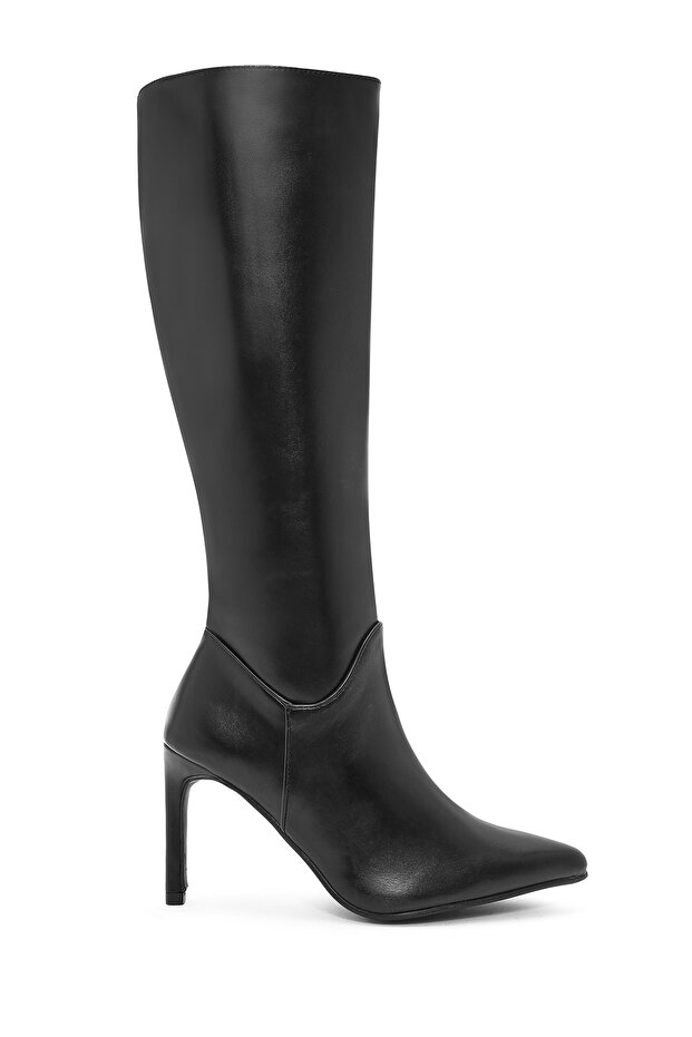 Women's Black Zippered Thin Heeled Boots 25Wfe401118