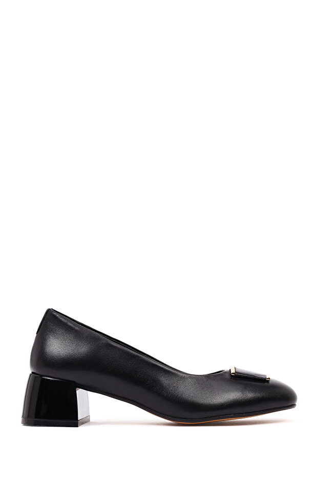 Women's Black Short Thick Heeled Leather Heeled Shoes 25Afd412518