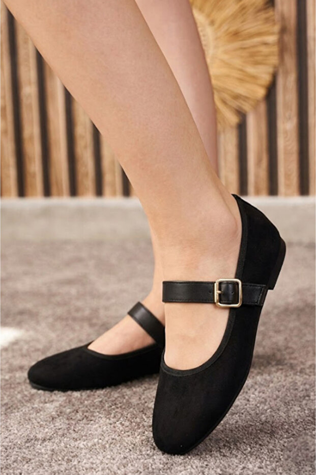 İmerShoes Günlük Kadın Siyah Süet Babet Bantlı Ayarlanabilir Tokalı Küt Burunlu Hafif Ayakkabı 379