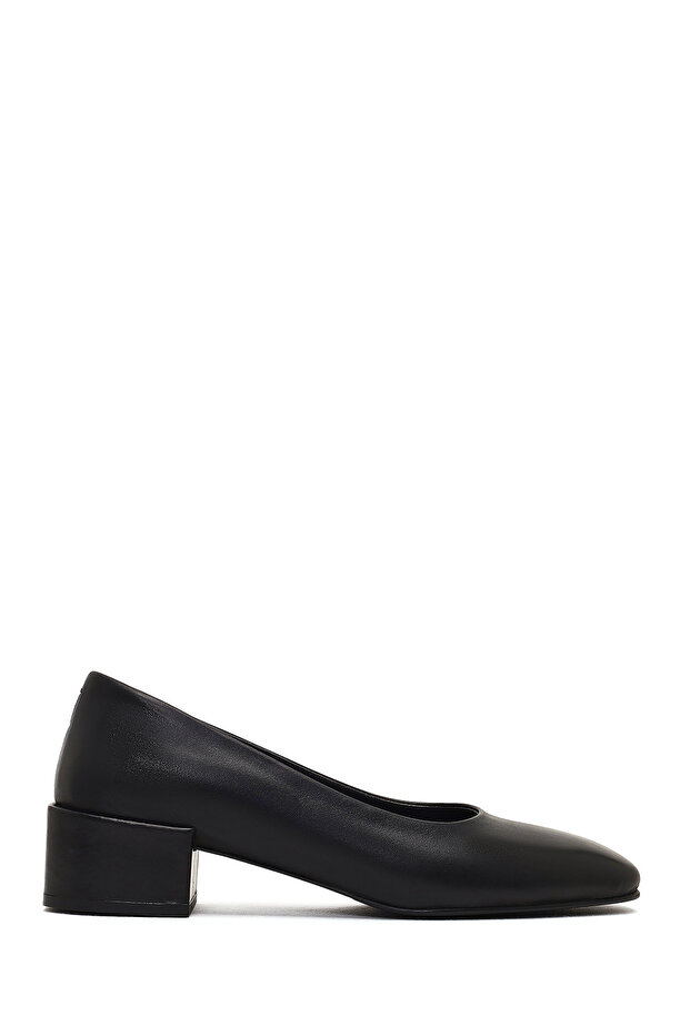 Women's Black Thick Short Heeled Leather Shoes 25Afd184818
