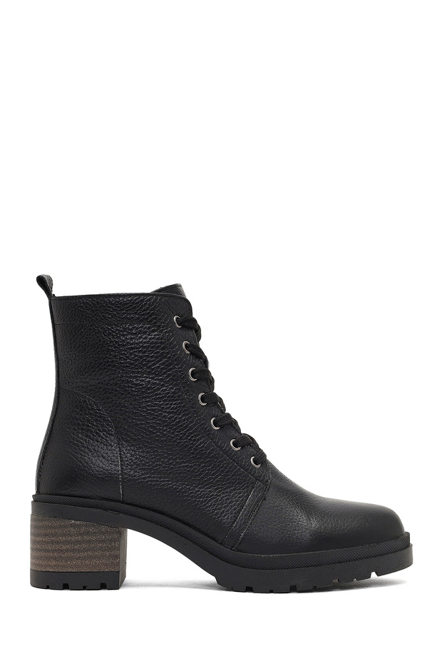 Women's Black Zippered Thick Heeled Leather Boots 25Wfd3403Ft
