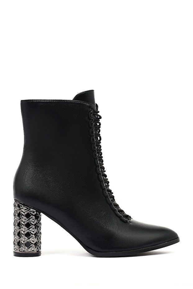 Women's Black Lace-Up Zippered Thick Heeled Boots 25Wfe481218