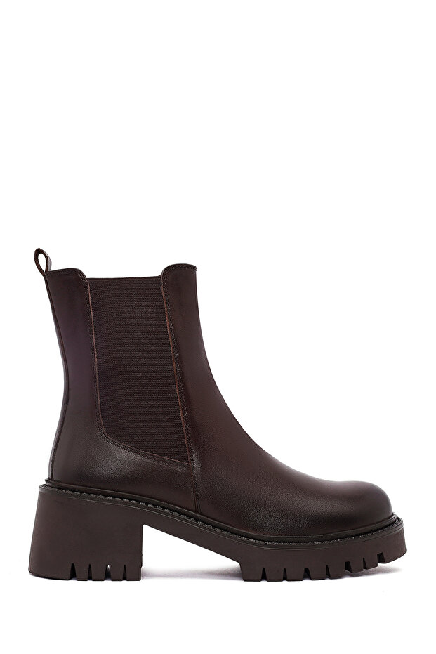 Women's Brown Thick Heeled Leather Chelsea Boots 25Wfd511318