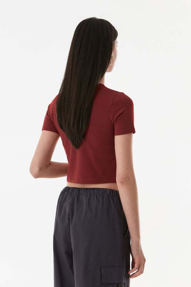 Basic Bisiklet Yaka Crop Tişört - 6