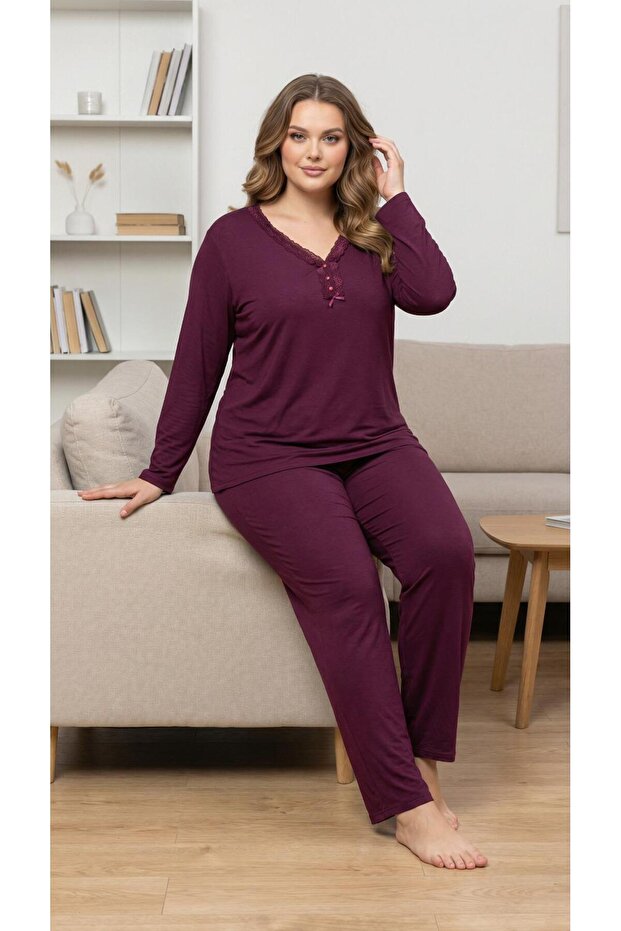 Women's Plus Size Button-Neck Long Sleeve Jersey Mother Burgundy Pajama Set