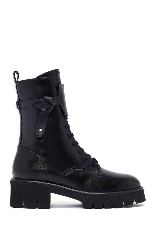 Women's Black Zippered Thick Soled Leather Boots 25Wfd101118