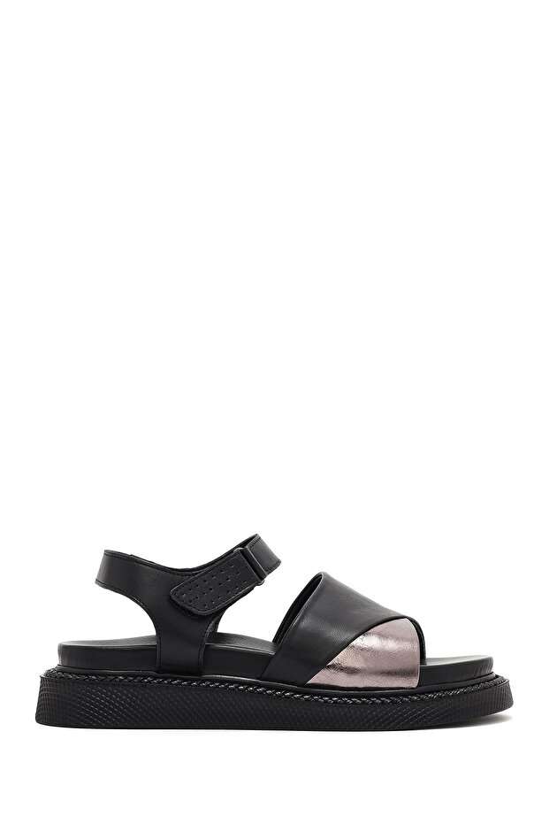 Women's Black Strappy Thick Soled Genuine Leather Sandals 25Sfd301018