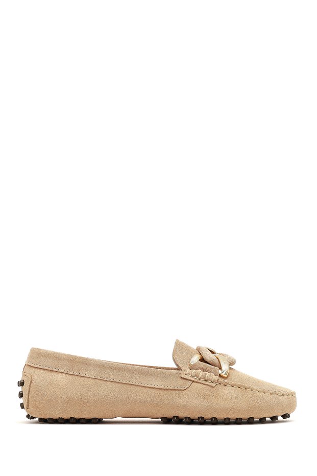 Women's Beige Buckle Suede Genuine Leather Loafer, Winter Shoes 25Afd290110