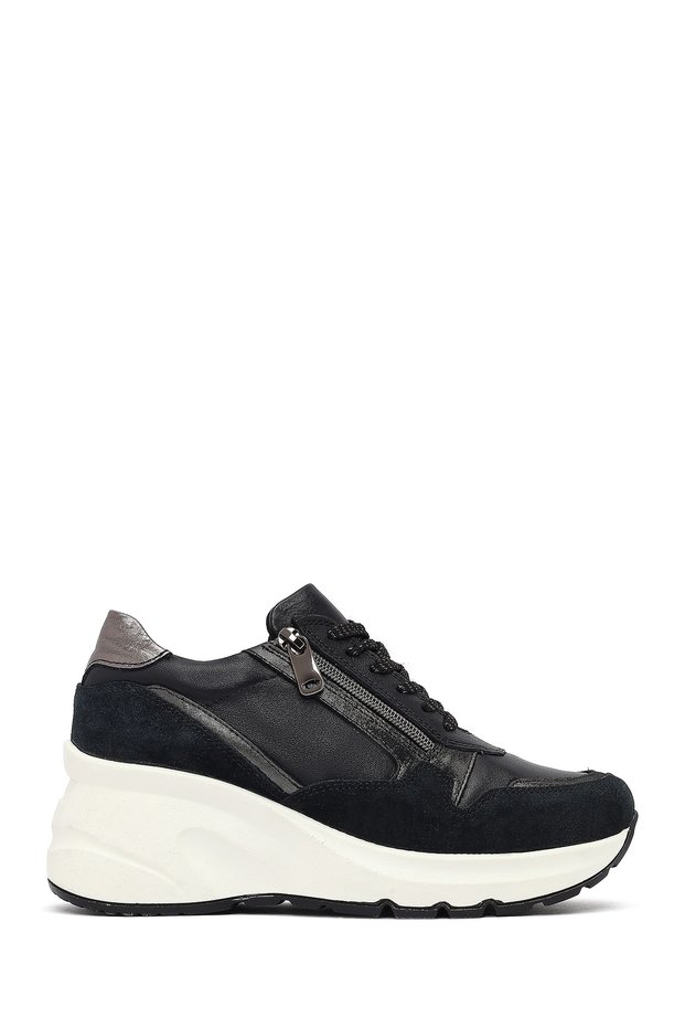 Women's Black Lace-Up Zipper Detail Wedge Heel Genuine Leather Sneaker, Winter Sports Shoes 25Afd37