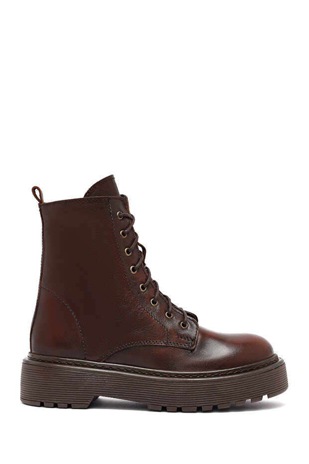 Women's Brown Lace-Up Zippered Thick Sole Leather Boots 25Wfd181818