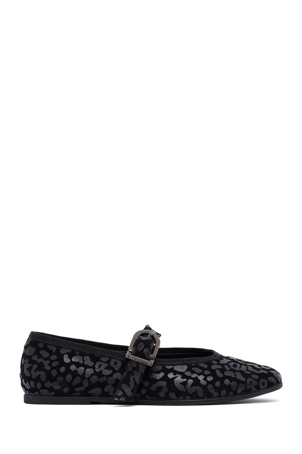 Women's Black Leopard Patterned Buckle Suede Genuine Leather Ballerina Shoes 25Afd201510