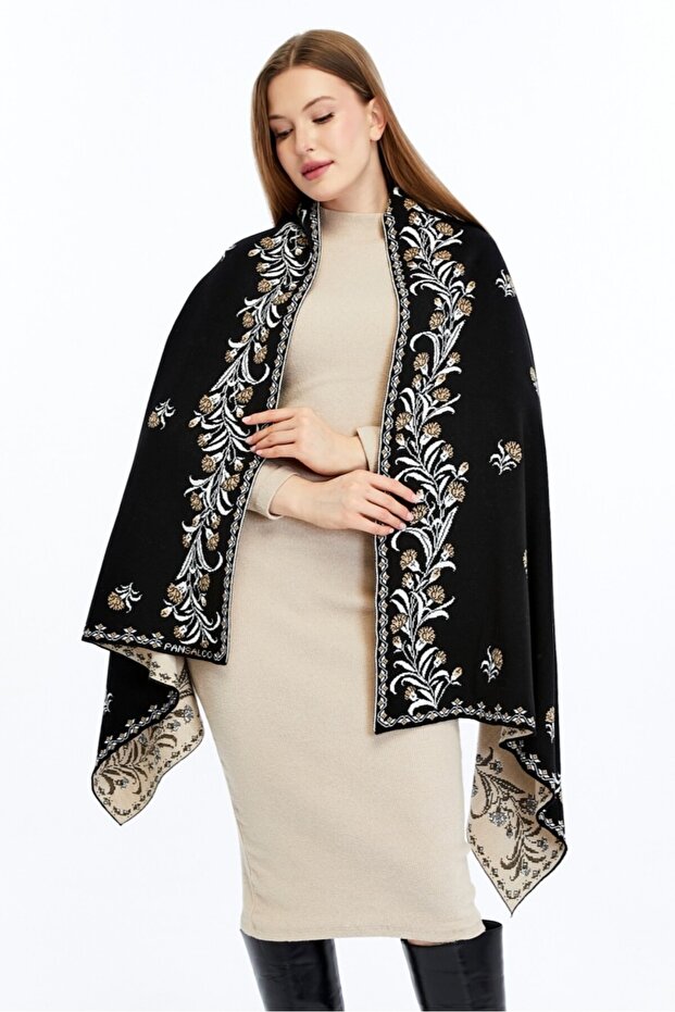Carnation Pattern Black-Camel-Bone Knitwear Shoulder Shawl, Knitwear Shawl, Shawl, Women, Young, Mother Shawl, 75X180 cm