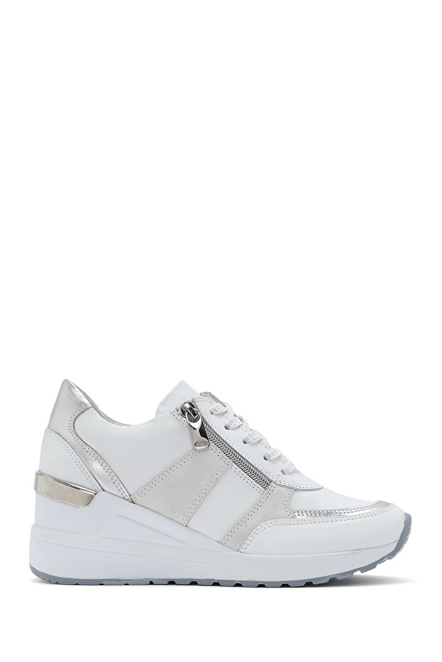 Women's White Wedge Heeled Side Zipper Leather Sneaker 25Sfd 370314