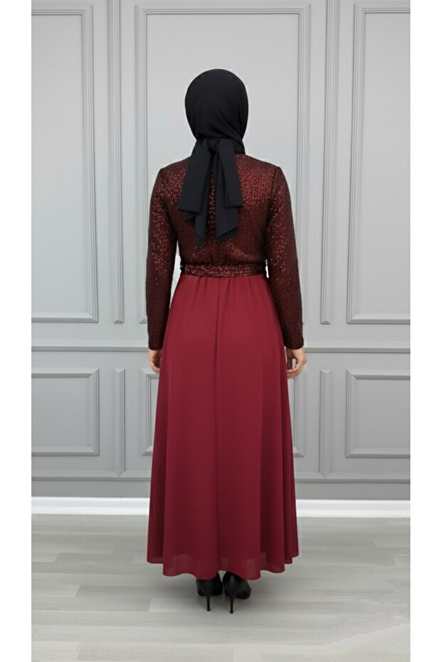 ÇAĞLA ABİYE Kadın Bordo Payetli ve Şifon Kumaş - 5
