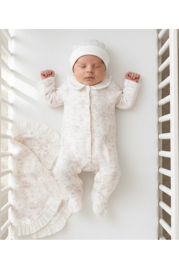 Safari %100 Cotton Newborn Baby Hospital Take-Home Set – Footed Jumpsuit, Hat and Ruffled Blanket Set