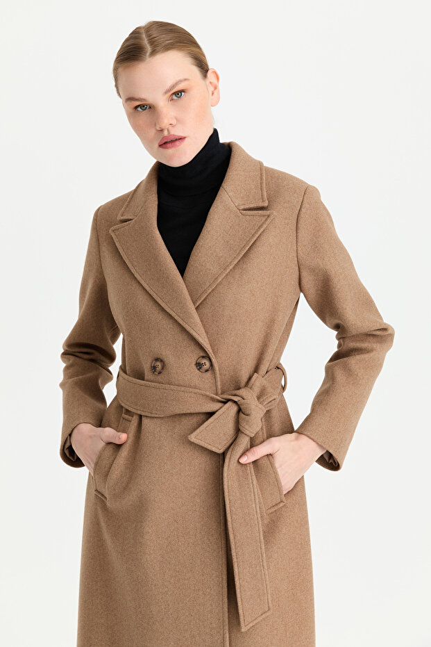 Çift Düğmeli Manto Camel - 4