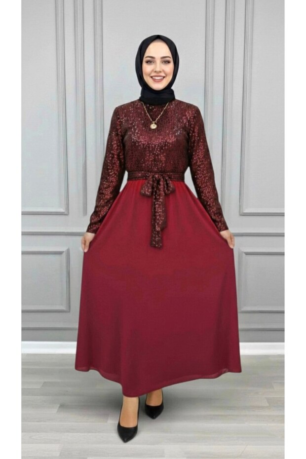 ÇAĞLA ABİYE Kadın Bordo Payetli ve Şifon Kumaş - 1