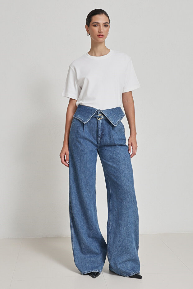 Blue 100% Cotton Comfortable Cut Pants with Waist Detail