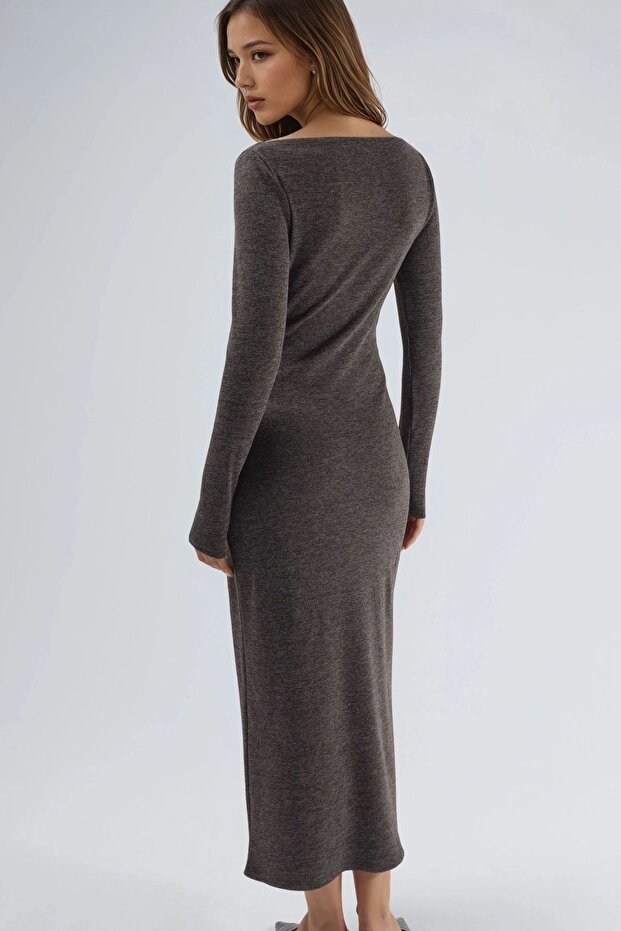 Drape Detaylı Kayık Yaka Maxi Elbise - 2