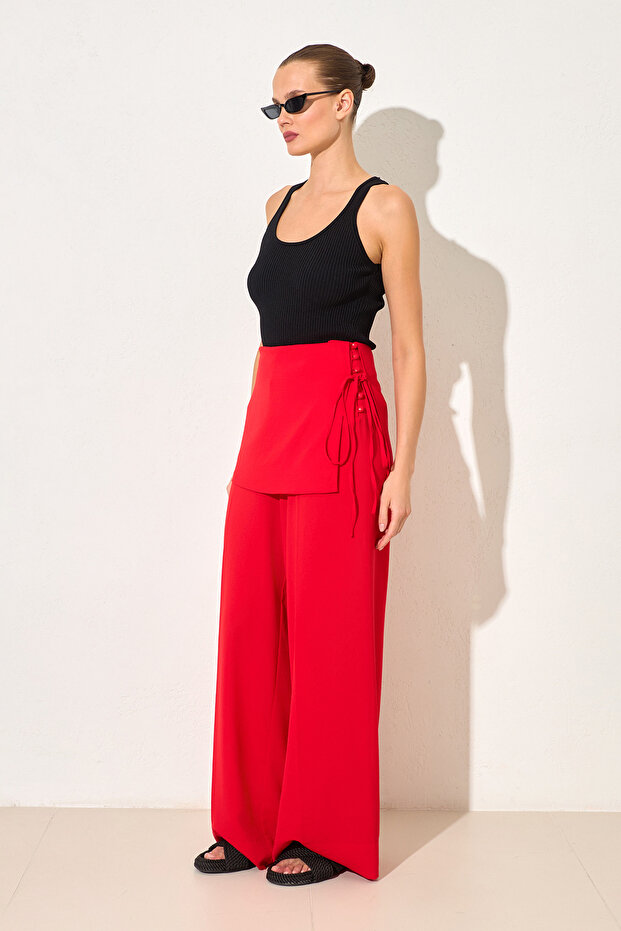 Red Viscose Blend Comfortable Cut Trousers with Waist Detail