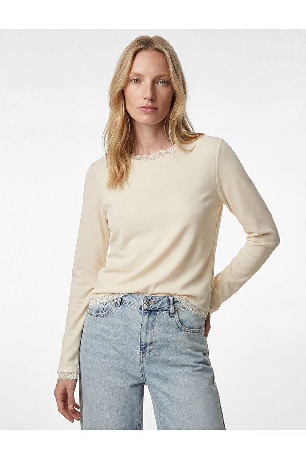 Long Sleeve Round Neck Lace Detailed Knitwear Sweater