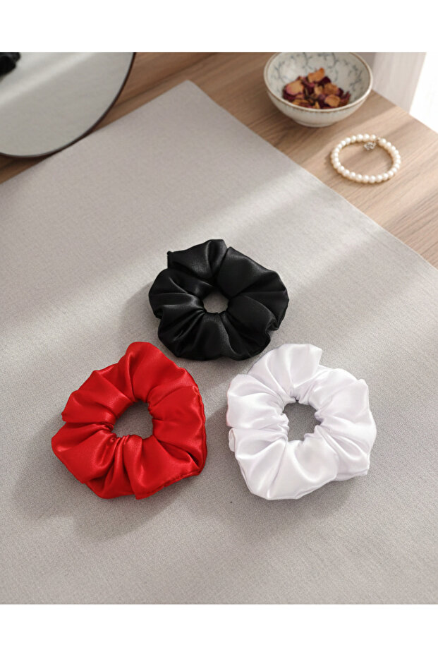 Women's 3-Piece Satin Scrunchie Hair Clip Set - Black White Red Bagel Rubber Scrunchie