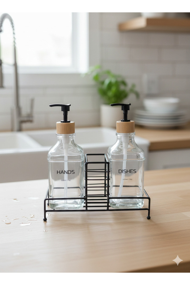 Double Glass Liquid Soap Dispenser & Detergent Dispenser Set with Stand and Bamboo Lid – 2×500 Ml, 22.5 × 8.5 × 24 cm