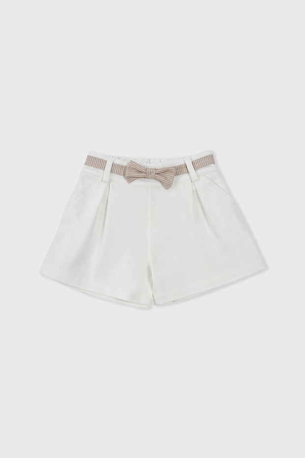 Baby Girl Bow Belt Detailed Ecru Shorts