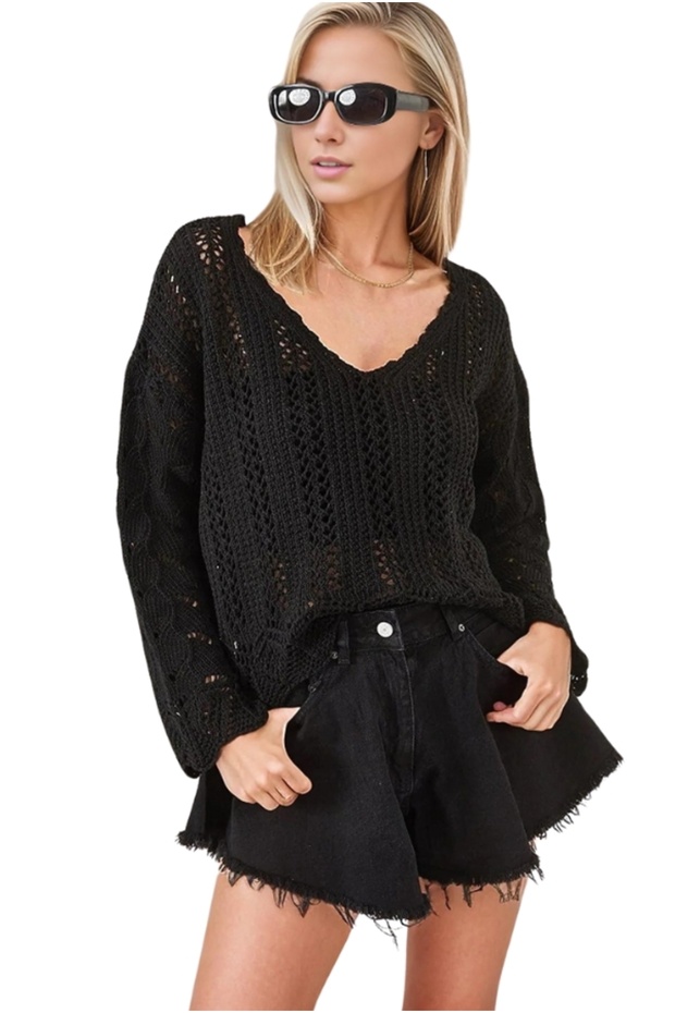 Black Openwork Patterned Women's Knitwear Blouse
