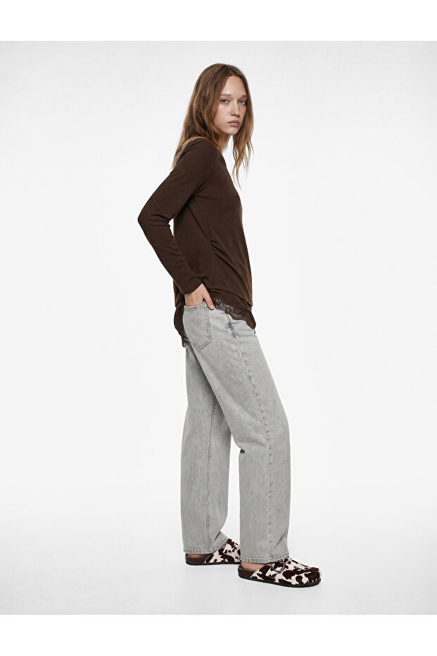 Slim Fit Long Sleeve Viscose Blended Asymmetrical T-Shirt with Lace Detail