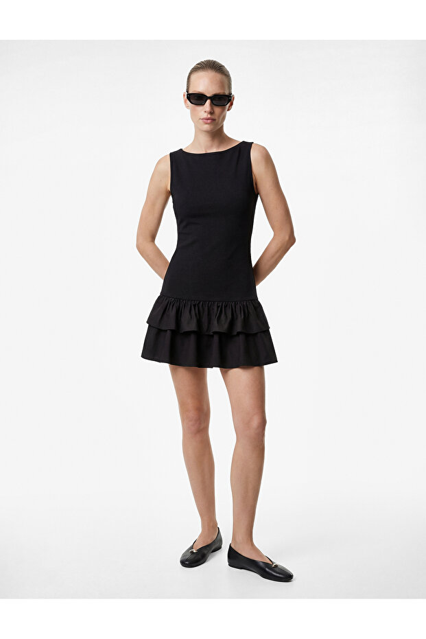 Boat Neck Sleeveless Mini Dress with Voluminous Ruffles at the Hem