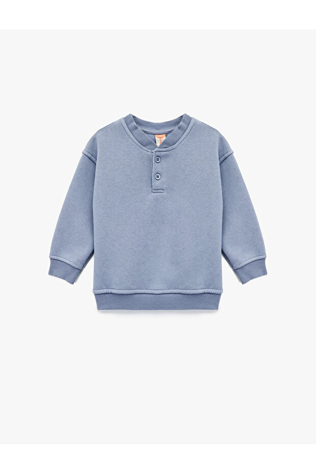 Button Detailed Long Sleeve Crew Neck Basic Fleece-Lined Sweatshirt