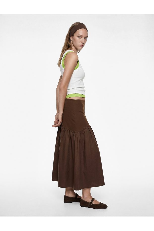 Zippered Ruffled Cotton Asymmetrical Stitched Midi Skirt