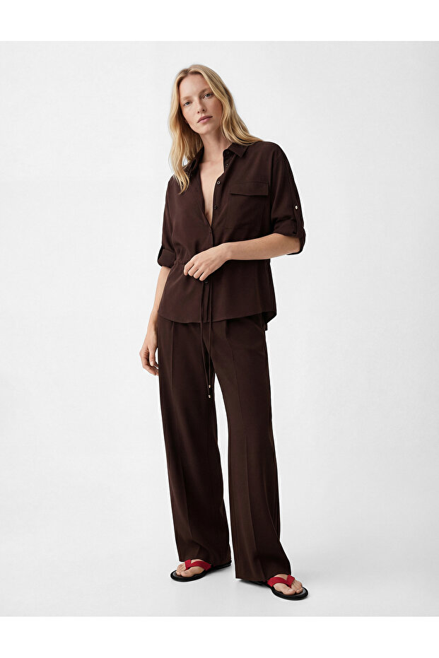 Long Sleeve Classic Collar Belted Waist Pocketed Shirt