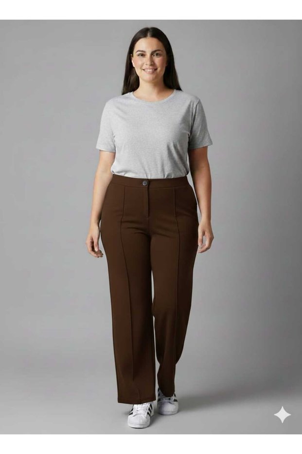 Women's Large Size Crepe Fabric Lycra Palazzo Brown Trousers with Elastic Waist