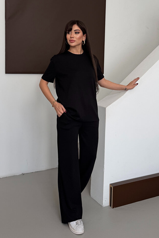 Women's Modal Fabric Short Sleeve Tracksuit Set 1098 Black