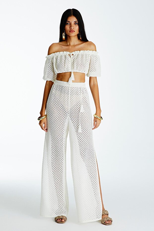 Desenli Ekru Örme Pantolon - 5