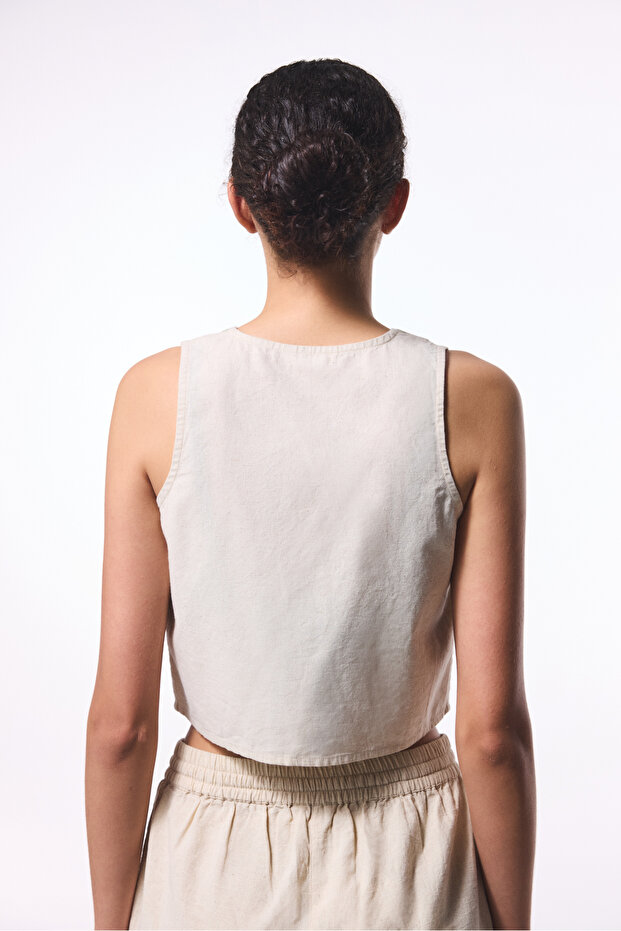 Steinfarbenes Boho-Leinen-Top - 2