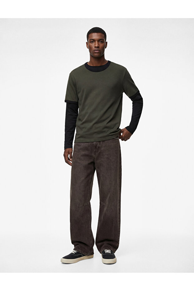 Short Sleeve Ribbed Cotton T-Shirt with Crew Neck and Slim Fit